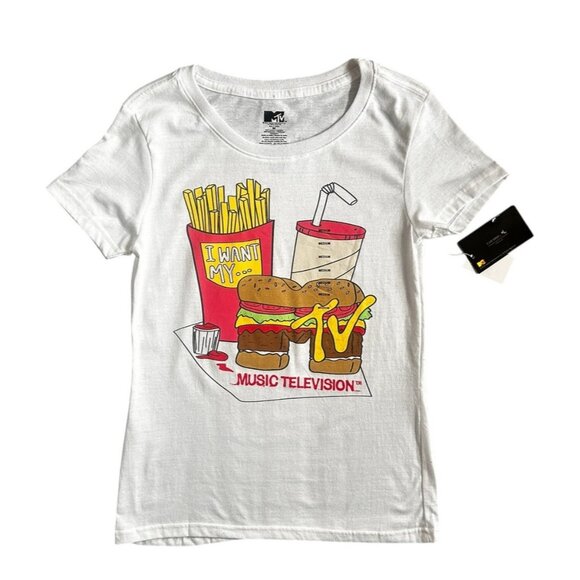 MTV Women's I want My MTV T-Shirt Burger Fries Retro White Medium - Picture 1 of 6